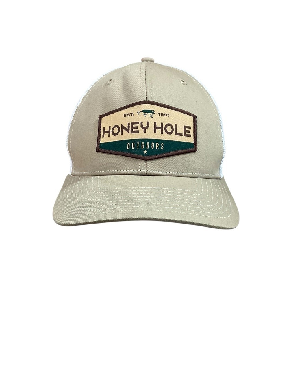 Honey Hole Outdoors Richardson 112 Trucker Hat Khaki White Mesh Snapback Patch